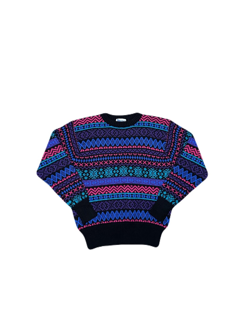Vintage Meister 100% New Wool Blue Geometric Ski Knit Sweater Small 80s Retro
